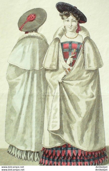 Gravure de mode Costume Parisien 1826 n°2375 Manteau casimir Robe écossaise