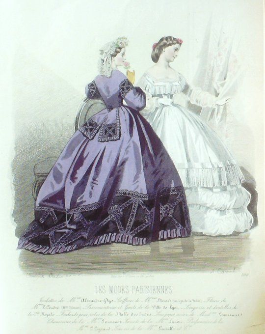 Gravure Les Modes Parisiennes 1863 #1100 Robes satin Maison Ghys