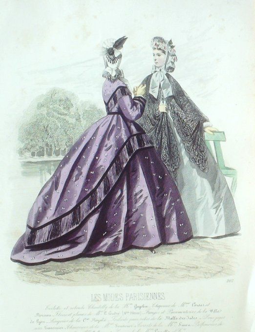 Gravure Les Modes Parisiennes 1863 #1102 Robe satinée Maison Cagelin