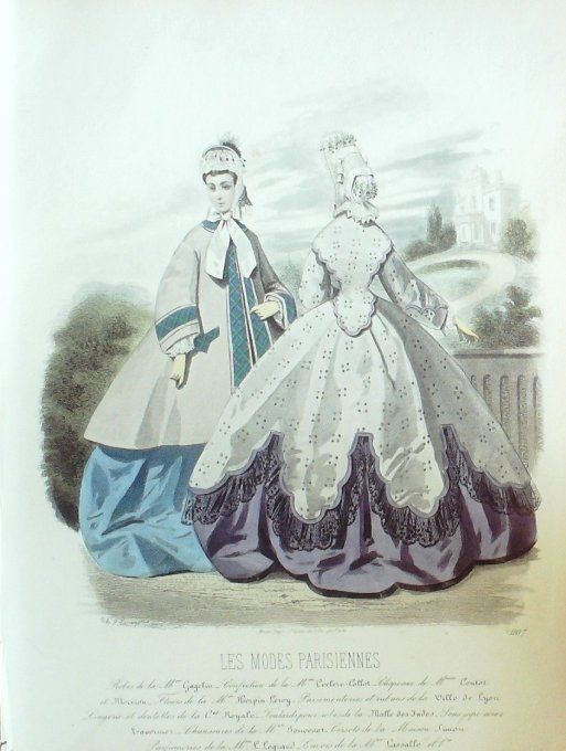Gravure Les Modes Parisiennes 1863 #1107 Toilettes satin Maison Cagelin