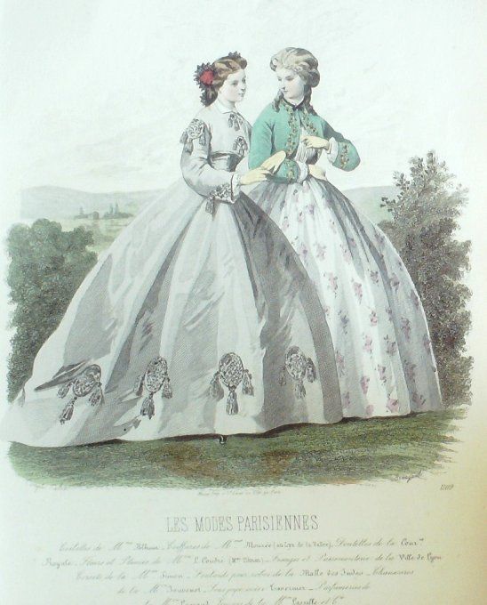 Gravure Les Modes Parisiennes 1863 #1109 Toilettes de promenade Maison Blum