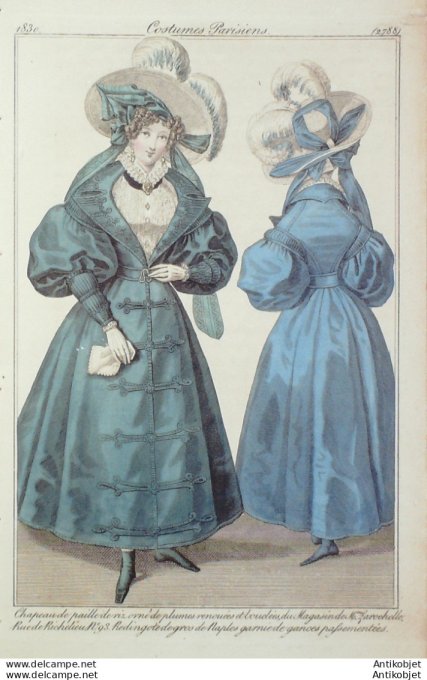 Gravure de mode Costume Parisien 1830 n°2788 Redingote de gros de Naples garnie