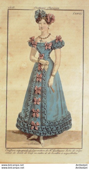 Gravure de mode Costume Parisien 1823 n°2202 Robe crêpe et dents de loup