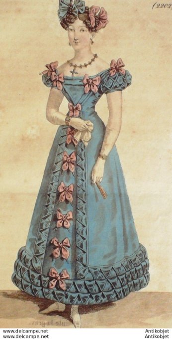 Gravure de mode Costume Parisien 1823 n°2202 Robe crêpe et dents de loup