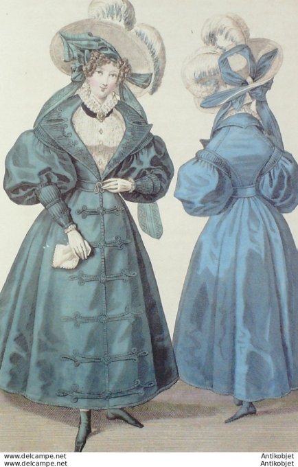 Gravure de mode Costume Parisien 1830 n°2788 Redingote de gros de Naples garnie