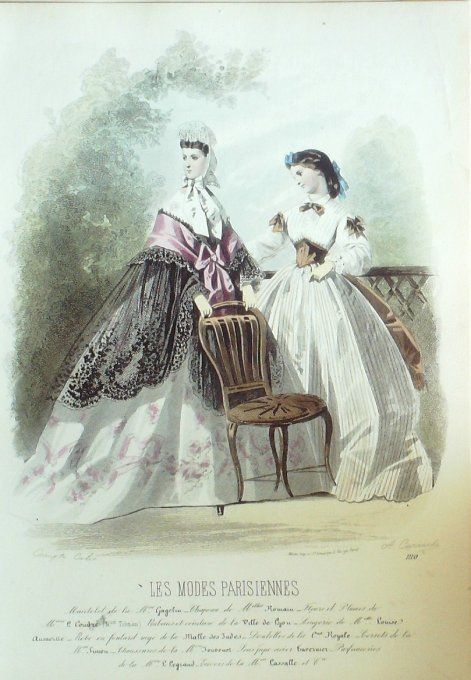 Gravure Les Modes Parisiennes 1863 #1110 Toilettes de loisirs Maison Blum