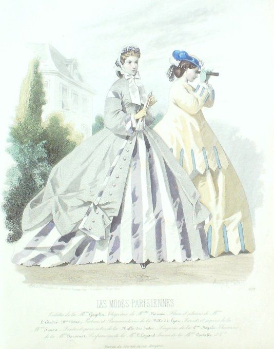 Gravure Les Modes Parisiennes 1863 #1118 Toilettes de promenade Maison Cagelin