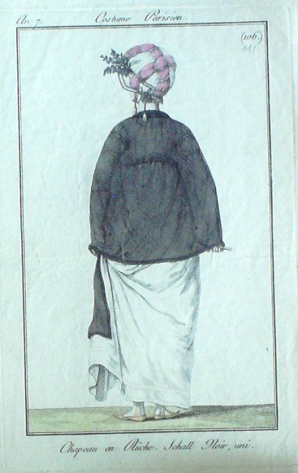 Gravure Mode Costume Parisien 1798 an  7 # 111 (eau forte old Fashion plate