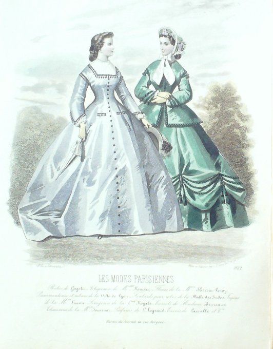Gravure Les Modes Parisiennes 1863 #1122 Robes satin Maison Cagelin