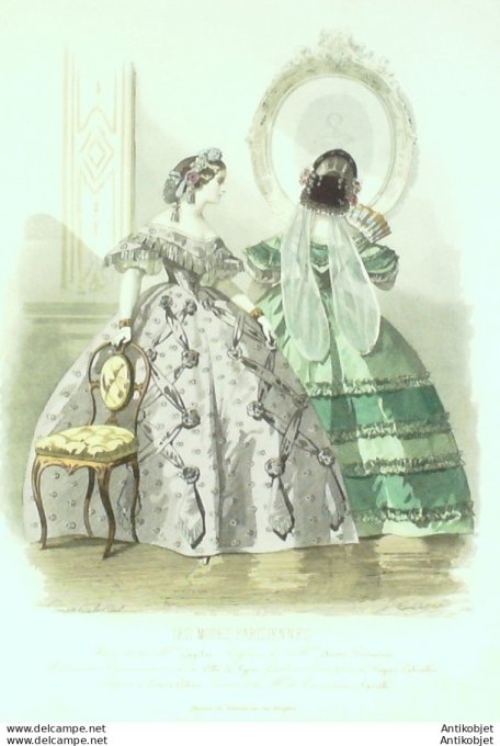 Gravure Les Modes Parisiennes 1860 # 890 Robes d'intérieur Maison Gagelin