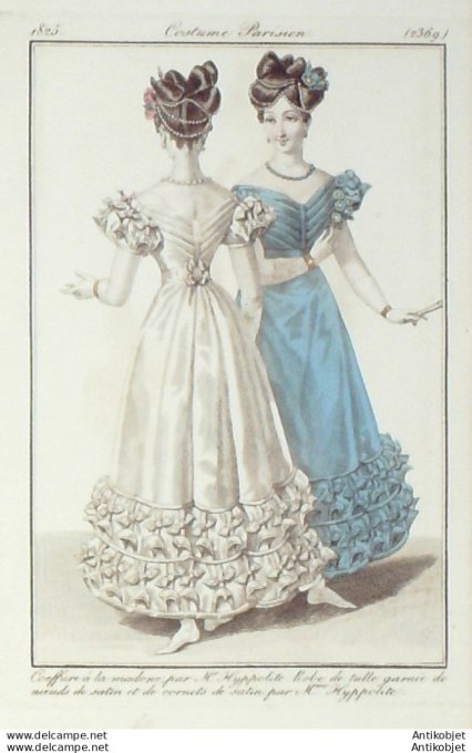 Gravure de mode Costume Parisien 1825 n°2369 Robe de tulle garnie de nœuds