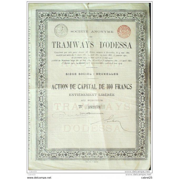 TRAMWAYS ODESSA-BRUXELLES-BELGIQUE-ACTION-100 FR-1912