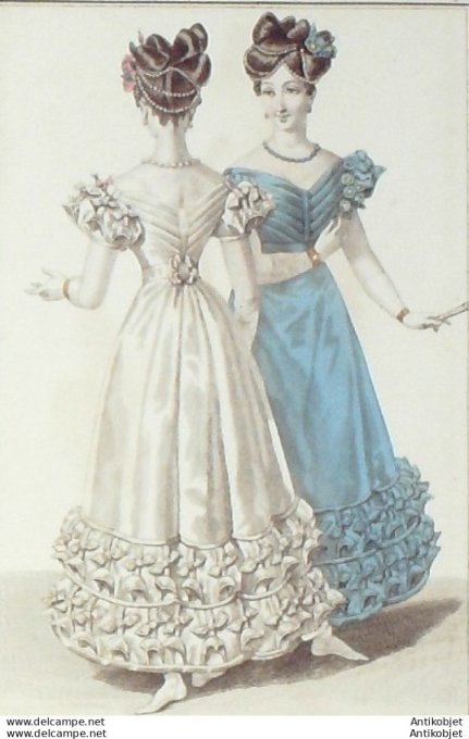 Gravure de mode Costume Parisien 1825 n°2369 Robe de tulle garnie de nœuds