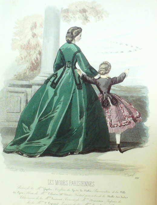 Gravure Les Modes Parisiennes 1863 #1130 Robe velours Maison Cagelin