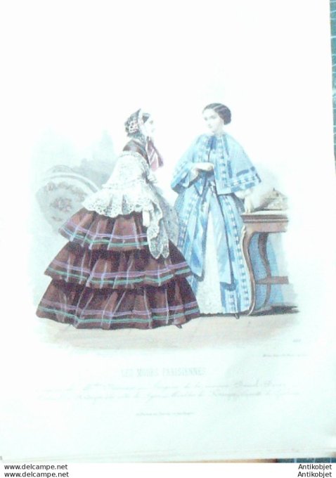 Gravure Les Modes Parisiennes 1850 # 605 Peignoir satin Maison Deray