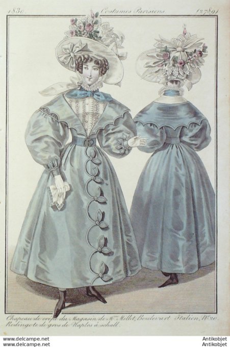 Gravure de mode Costume Parisien 1830 n°2789 Redingote gros de Naples à Schall