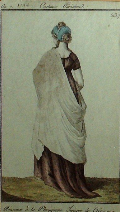 Gravure Mode Costume Parisien 1798 an  7 # 113 (eau forte old Fashion plate