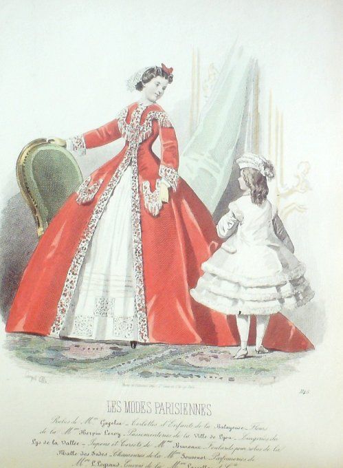Gravure Les Modes Parisiennes 1864 #1145 Robes velours & lin Maison Cagelin