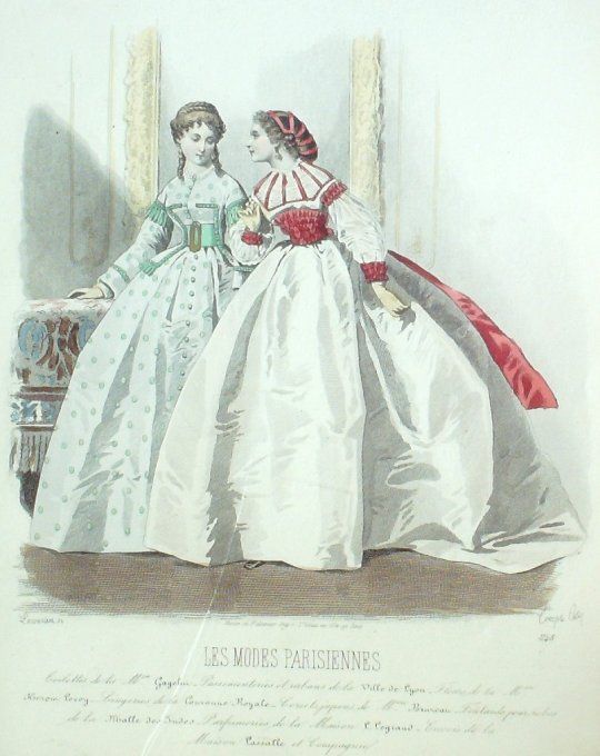 Gravure Les Modes Parisiennes 1864 #1148 Robes satin Jersey Maison Cagelin