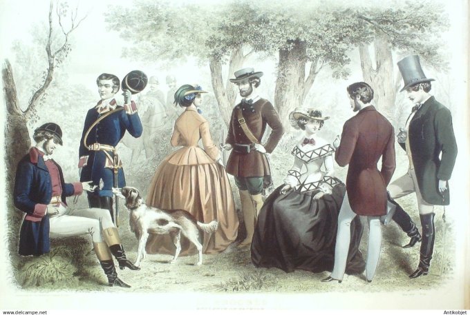 Gravure de Mode originale Le Progres 1856 # 80 (Maison Desprey) Costumes de chasse