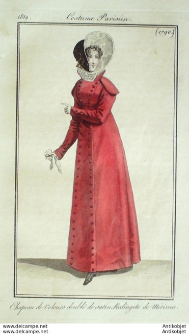 Gravure de mode Costume Parisien 1819 n°1790 Redingote de mérinos