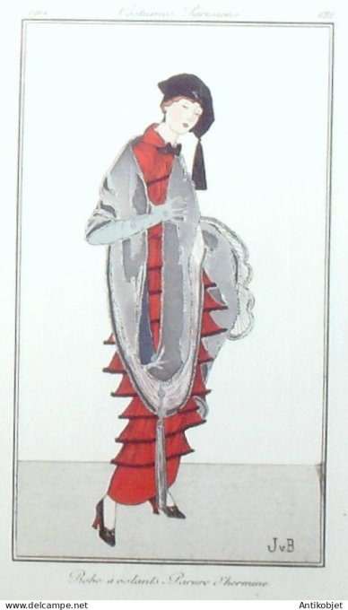 Gravure de mode Costume Parisien 1914 pl.132 VAN BROCK Jan Robe à volants