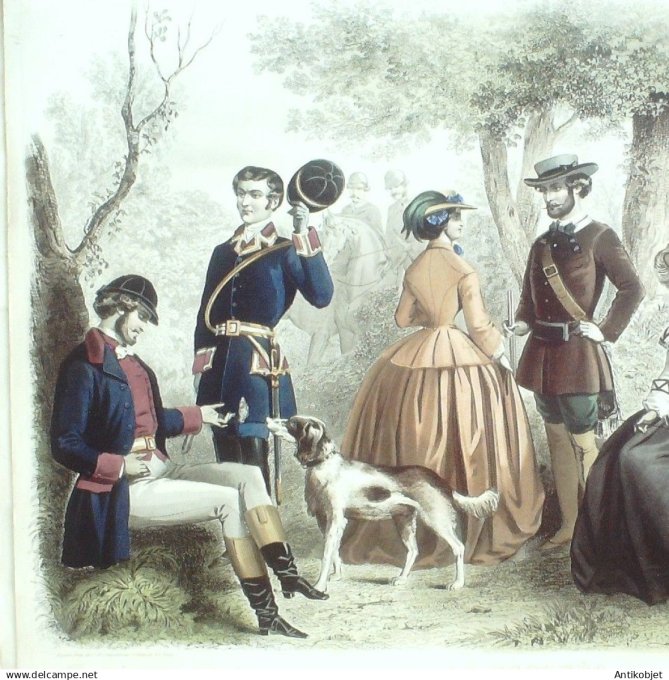 Gravure de Mode originale Le Progres 1856 # 80 (Maison Desprey) Costumes de chasse