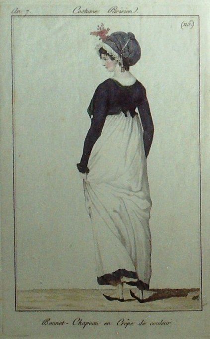 Gravure Mode Costume Parisien 1799 an  7 # 115 (eau forte old Fashion plate 
