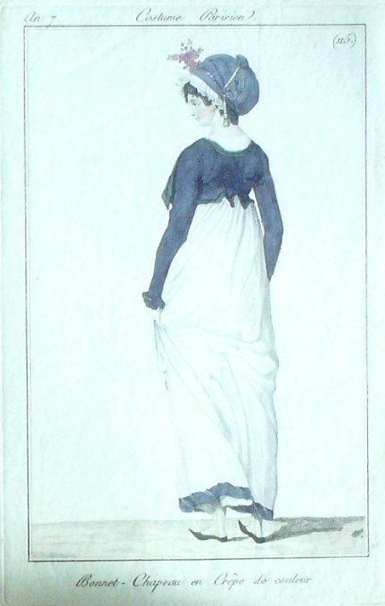 Gravure Mode Costume Parisien 1799 an  7 # 115 (eau forte old Fashion plate