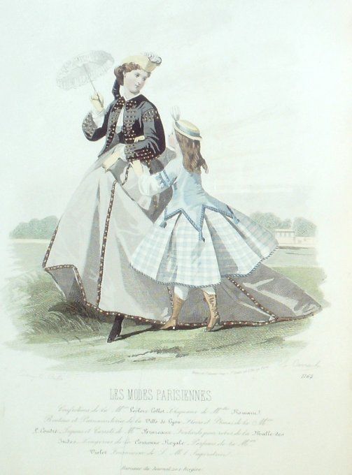 Gravure Les Modes Parisiennes 1864 #1164 Robes lin & Vichy Maison Leclère-Collot