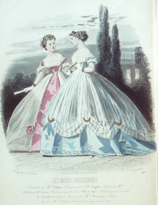 Gravure Les Modes Parisiennes 1864 #1167 Robes de bal Maison Pieffort