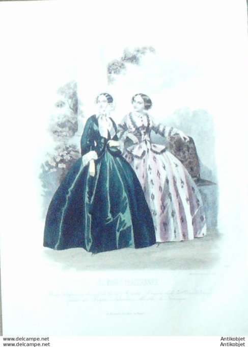 Gravure Les Modes Parisiennes 1850 # 607 Robes velours Maison Minette
