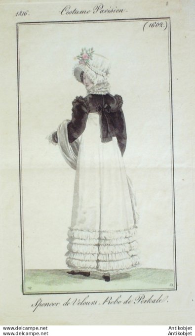 Gravure de mode Costume Parisien 1816 n°1602 Robe perkale
