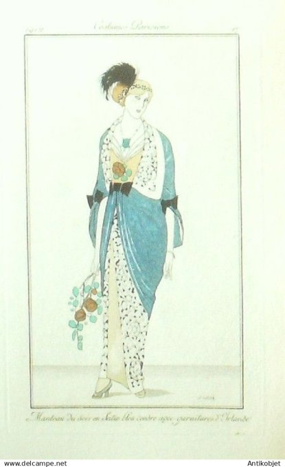 Gravure Costume Parisien 1912 # 17 Gose Javier (eau forte) Manteau satin