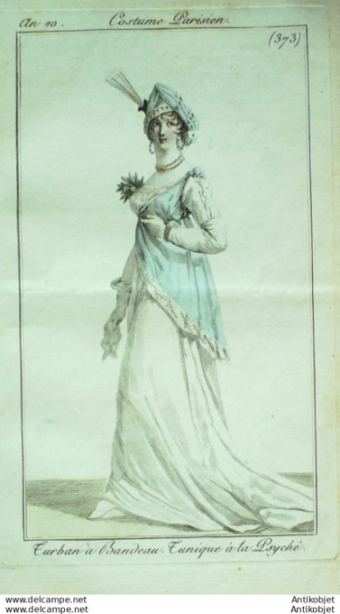 Gravure de mode Costume Parisien 1802 n° 373 (An 10) Tunique àa la Psyché
