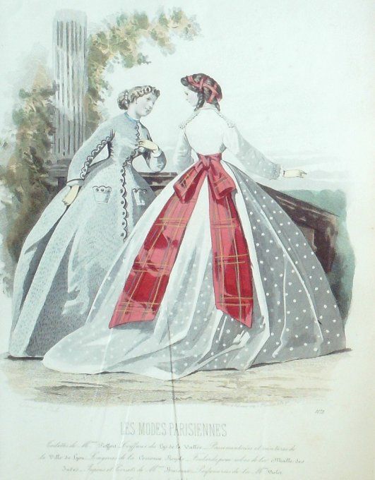 Gravure Les Modes Parisiennes 1865 #1172 Robes tulle Maison Pieffort