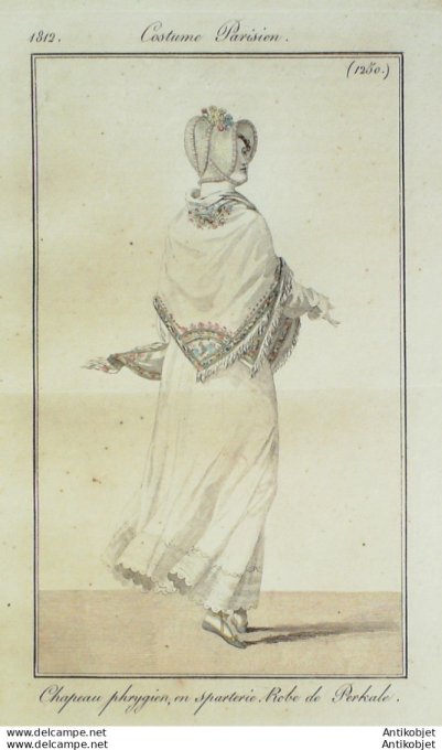 Gravure de mode Costume Parisien 1812 n°1250 Chapeau phrygien en sparterie