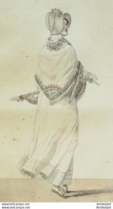 Gravure de mode Costume Parisien 1812 n°1250 Chapeau phrygien en sparterie