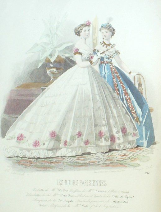 Gravure Les Modes Parisiennes 1865 #1186 Robes de Cour Maison Pieffort