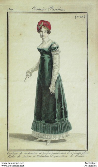 Gravure de mode Costume Parisien 1819 n°1792 Pardessus de velours  Robe de satin