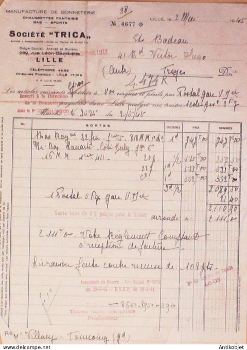 Facture Sté Trica (Bonneterie) 1945 Lille (59)