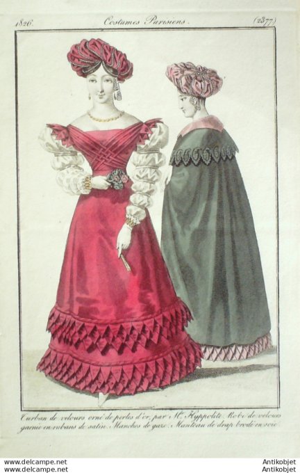 Gravure de mode Costume Parisien 1826 n°2377 Robe velours rubans manches de gaze