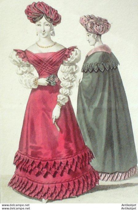 Gravure de mode Costume Parisien 1826 n°2377 Robe velours rubans manches de gaze