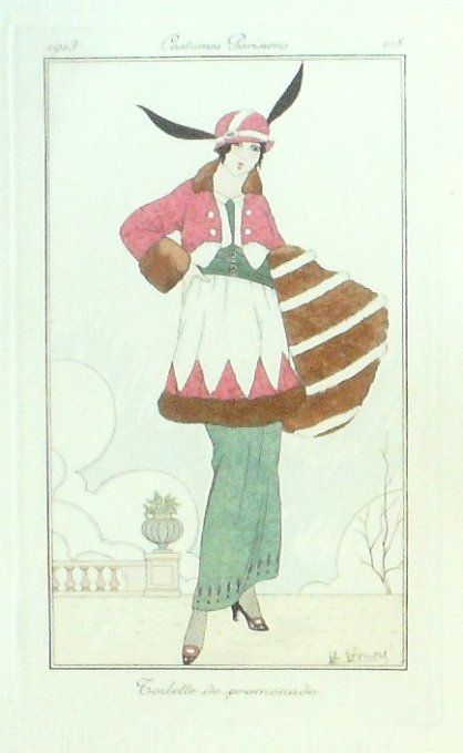Gravure Costume Parisien 1913 #118 Honoré H (eau forte) Toilette de promenade
