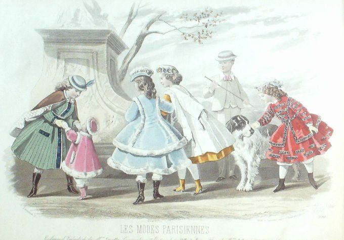 Gravure Les Modes Parisiennes 1865 #1190 Costumes enfants Maison Lassalle Chien