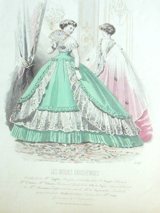 Gravure Les Modes Parisiennes 1865 #1194 Robes de bal Maison Cagelin