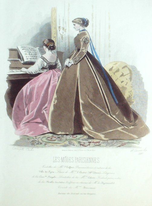 Gravure Les Modes Parisiennes 1865 #1197 Robes gros d'Italie Maison Pieffort