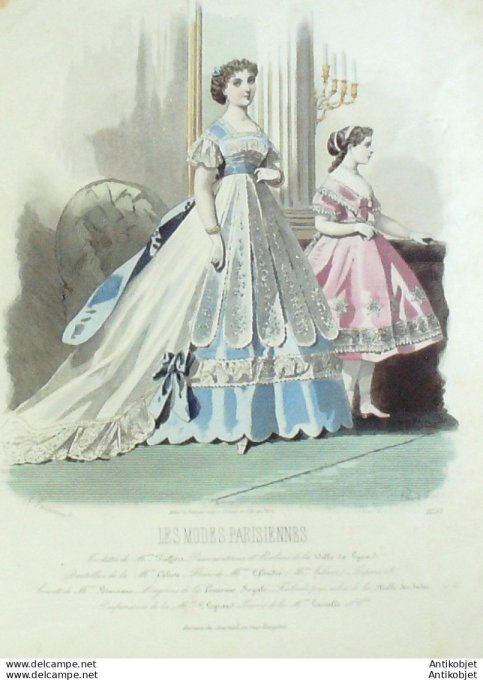 Gravure Les Modes Parisiennes 1865 #1233 Robes satin dentelle Maison Pieffort