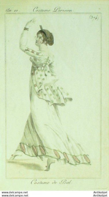 Gravure de mode Costume Parisien 1802 n° 374 (An 10) Costume de bal