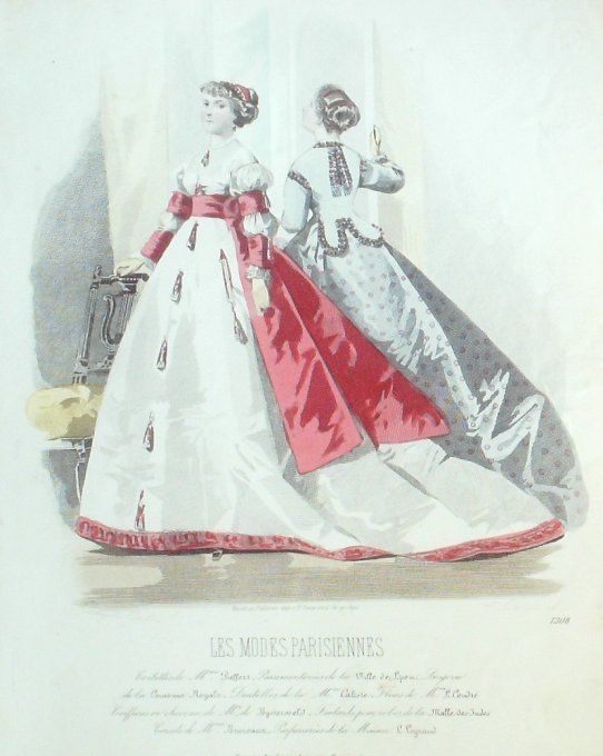 Gravure Les Modes Parisiennes 1865 #1208 Toilettes de soirées Maison Pieffort